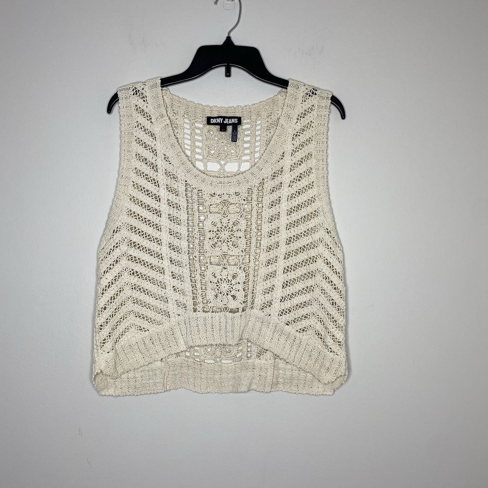 DKNY Jeans Crochet Cropped Sheer Tank Top Ivory Boho Open Knit Women's Large